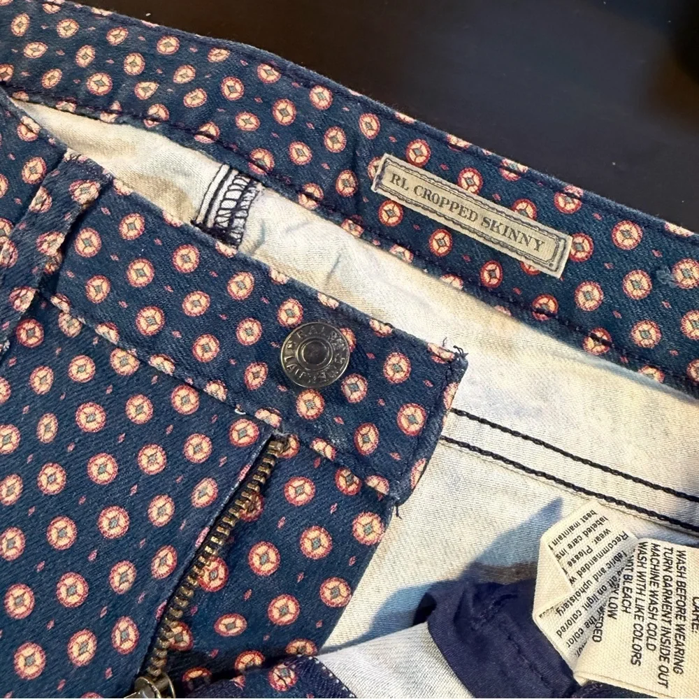 Ralph Lauren Girls Skinny Leg Zip Hem Blue Geometric Dot Print Jeans Size 14